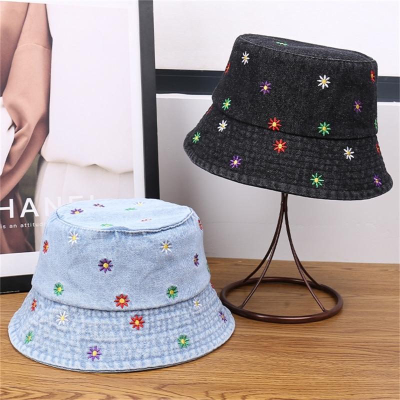 Stylish Jeans Flower Pattern Bucket Hat Extended Edge Shade Guard Unisex Warm Season Shore Hat for Various Occasion