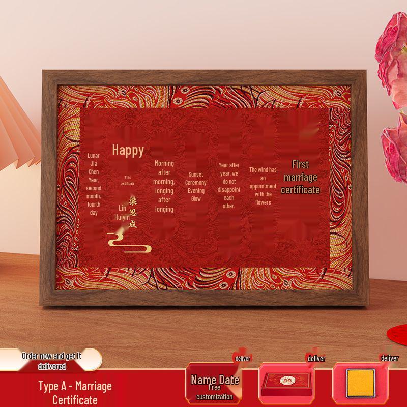 Chinese Style Wedding & Engagement Certificate Frame, Betrothal Letter & Date Book (Customized name and date with gold ink pad)