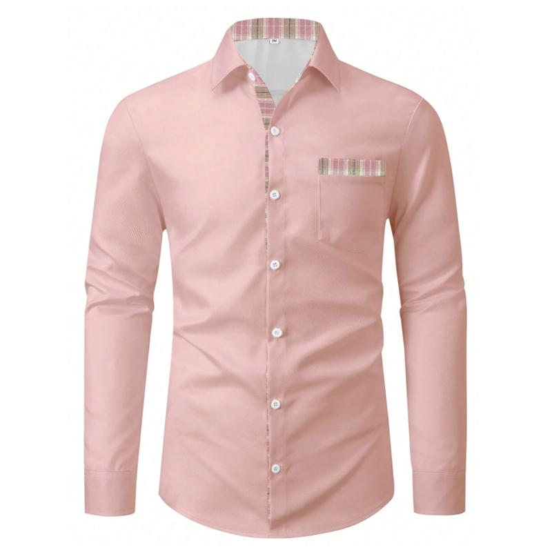 

Весенняя мужская рубашка с длинным рукавом и лацканами, кардиган с решетчатой строчкой, рубашка-топ, мужская повседневная деловая рубашка 5XL розовый