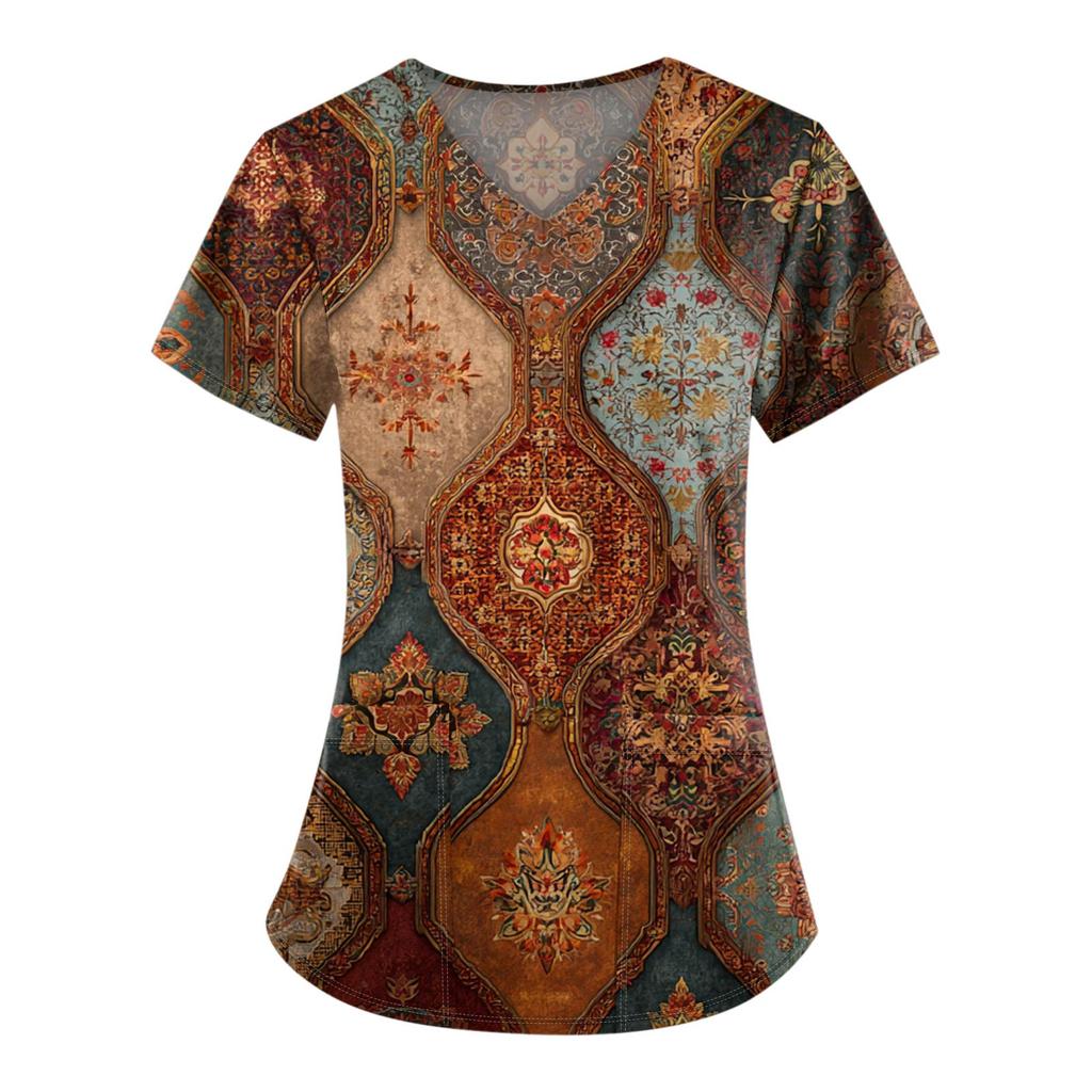 Plus Size Printed Scrub Working Uniform Tops For Women's V-Neck Print Short Sleeve Fun T-Shirts Workwear Tee With Pockets