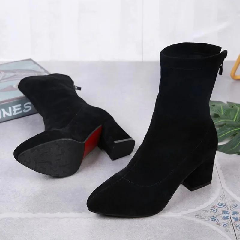 Black Pointed Toe Chunky Heel Boots Autumn Winter Women's Fashion Boot Warm Mid-Calf Gentlewoman Easy To Match PU Material