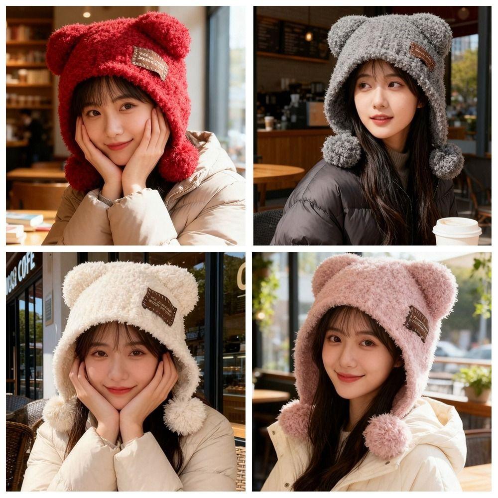 Fluffy Knitted Cap Wool Balaclava Hat Leisure Little Bear Ears Hat Female/Girls