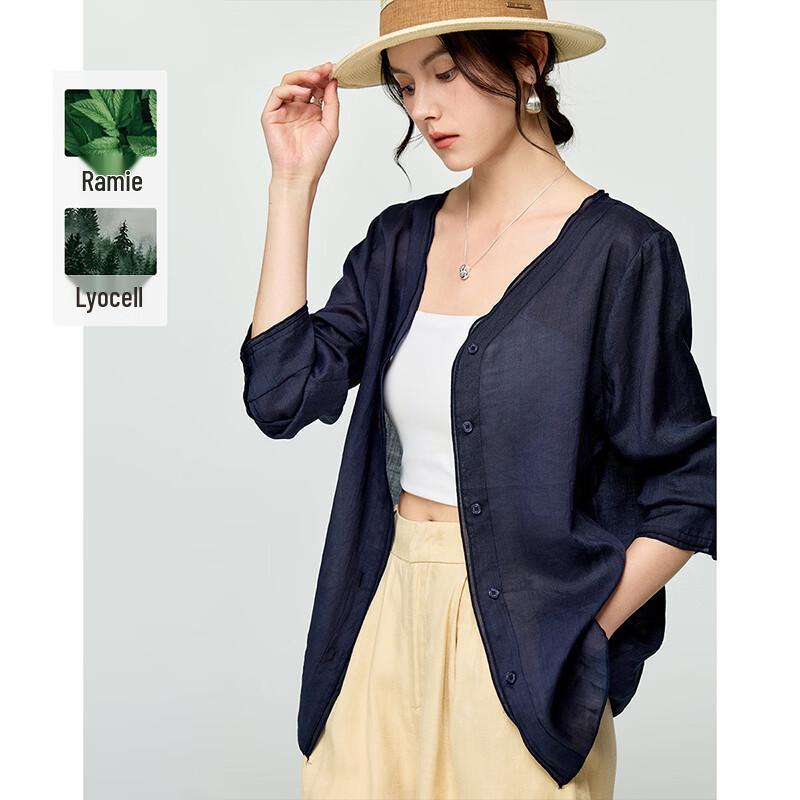 Wudao Women s Ramie Tencel Breathable V-Neck Sun Protective Blouse L