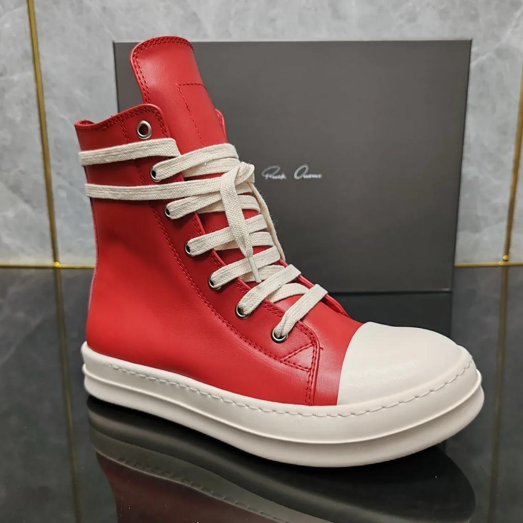 Top quality thick bottom ow-ens Classic Red Ribbon High-top Shoes Top Leather Boots Harajuku Wind High Street Couple Shoes