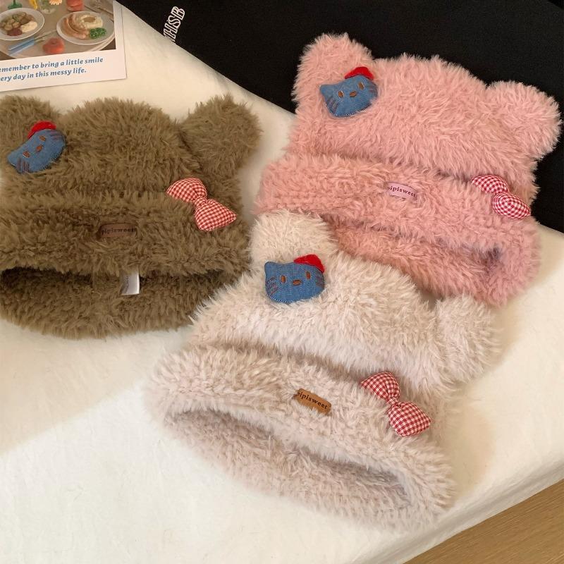 Cute Cat Plush Knitted Hat Women's Autumn and Winter Thickened Warm and Cold-proof Wool Hat Showing Small Face Ear Protection Hat