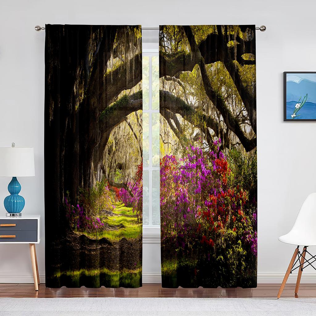 Pink Flowers Cherry Blossoms Park Spring Floral Trees Road Tulle Curtains for Living Room Chiffon Sheer Kitchen Bedroom Curtain