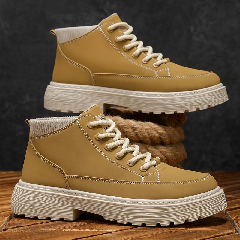 Thick Soled Ankle Boots Men's Thick Heeled Short Boots Cheap Lace Up Motorcycle Flat Shoes Midsole Waterproof Platform Boots