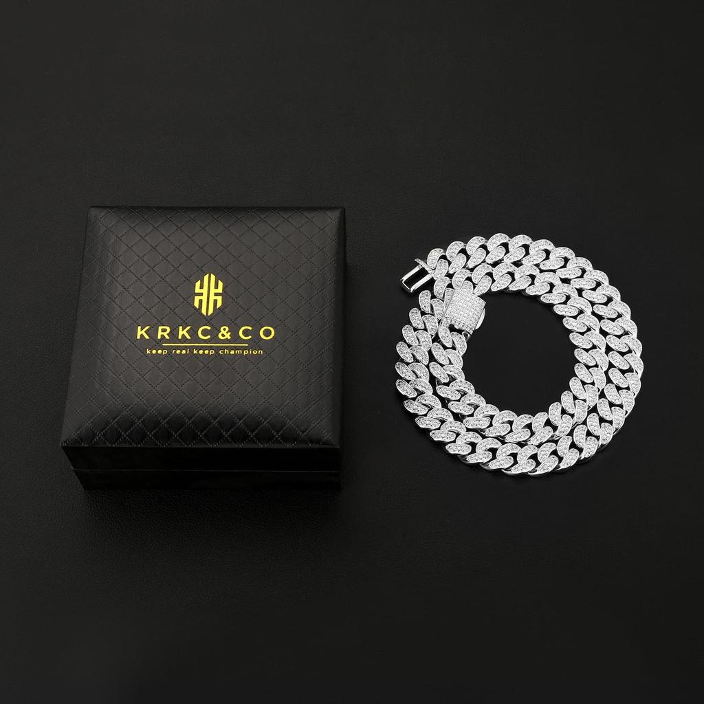 KRKC&CO Panzerkette mit Zirkonia und Miami Cuban Kette, 12mm, Weißgoldplattiert, CZ Diamanten, Dicke Herrenkette, Choker, Hip Hop, Tänzer,