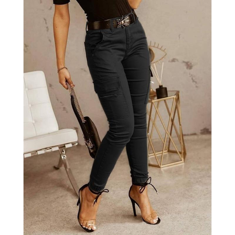 Pantaloni Cargo Casual da Donna alla Moda Vita Media Tinta Unita Tasche Abbigliamento da Lavoro Skinny Pantaloni a Sigaretta da Donna Pantaloni 759