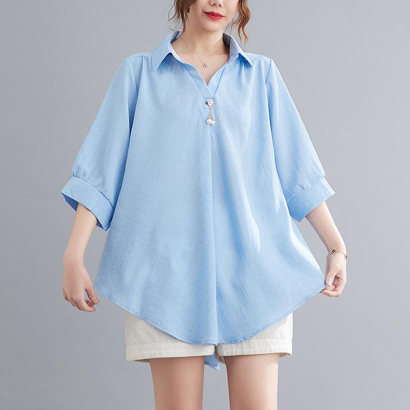 Women's Polo Collar Half Sleeve Loose Fit Blouse Casual Color Block Summer Top