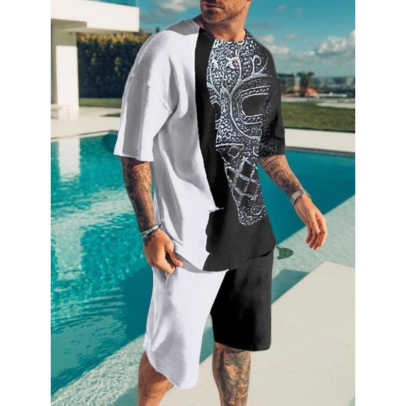 Fashion Casual Vacation Summer Men's Suit Skull 3D Printed Sportswear Short-sleeved Suit Oversized Round Neck T-shirt Shorts 2-piece