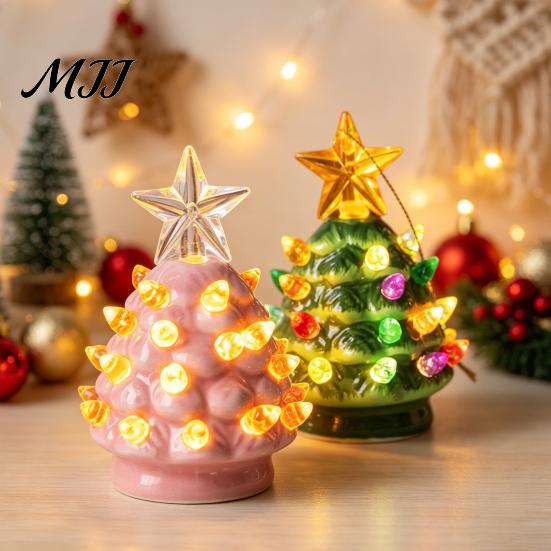 Pink And Green Holiday Accents Christmas Tree Ornament, Glowing Retro Resin Tabletop Decor with Star Small Night Lights Topper, Vintage Xmas
