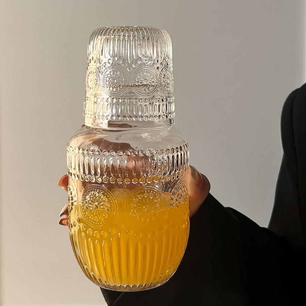 Transparent Vintage Relief Glass Carafe with Cup Cold Pitcher Glass Water Bottle Office