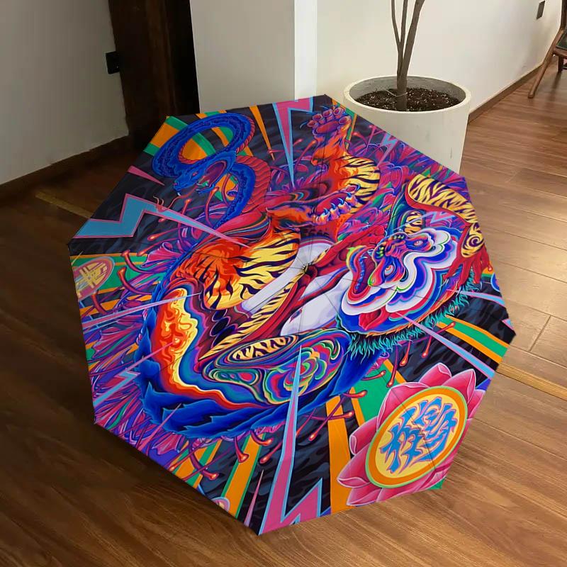 

Colorful Dragon Tiger Fusion Umbrella - Automatic Opening/Closing, Portable Folding Design, Outdoor Rain Gear for Fans, Travelers, Daily Use