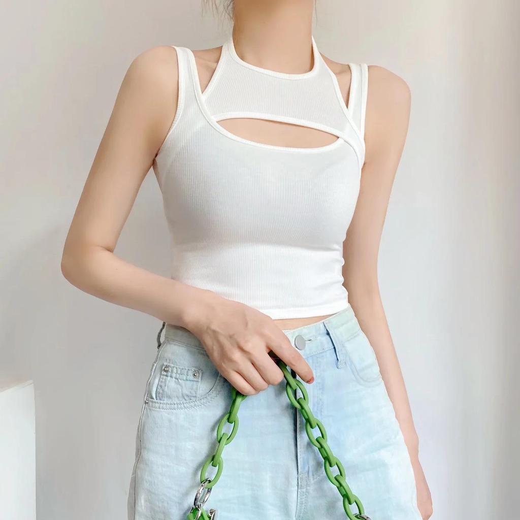 Asymmetrical Crop Top Y2k E-girl Hollow Out Knitted Corset Top Sleeveless O Neck Mini Vest Basic Casual Sporty  Summer