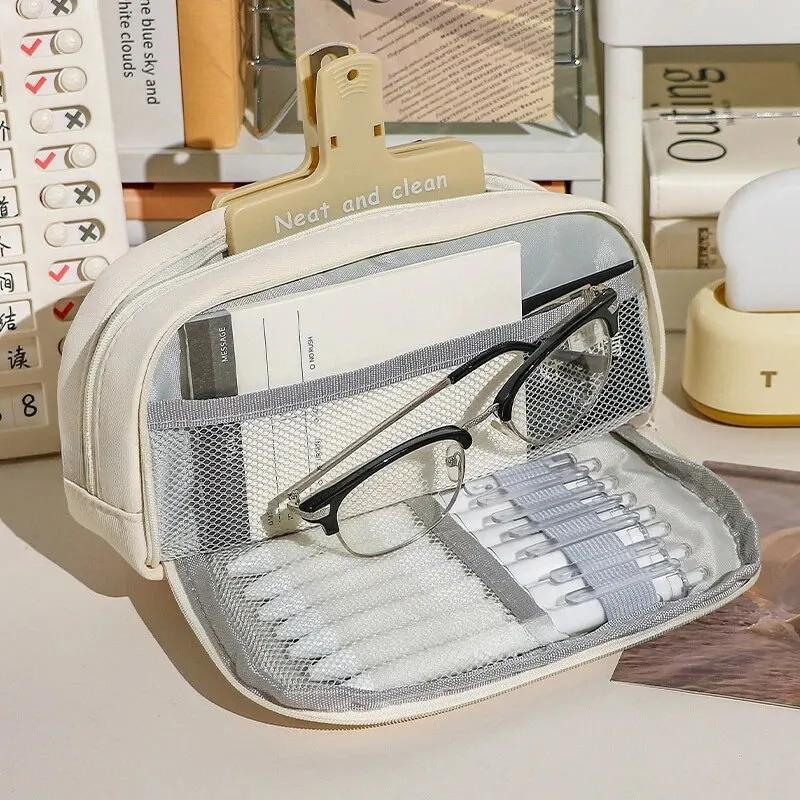 Cute Canvas Pencil Case Opening for Student Supplies Cosmetics Travel Handbag