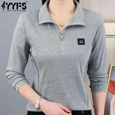 Women's Fashion Casual Spring Fall Solid Color Print Long Sleeve POLO Neck Blouses & Shirts