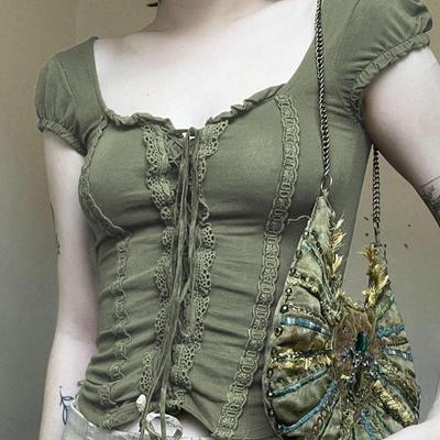 Top de cuello cuadrado con cordón y lazada de manga corta