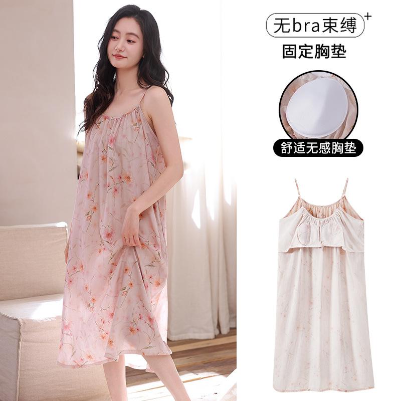 Lyocell cool suspender nightdress women with chest pad summer medium and long thin summer can wear Tencel loungewear
