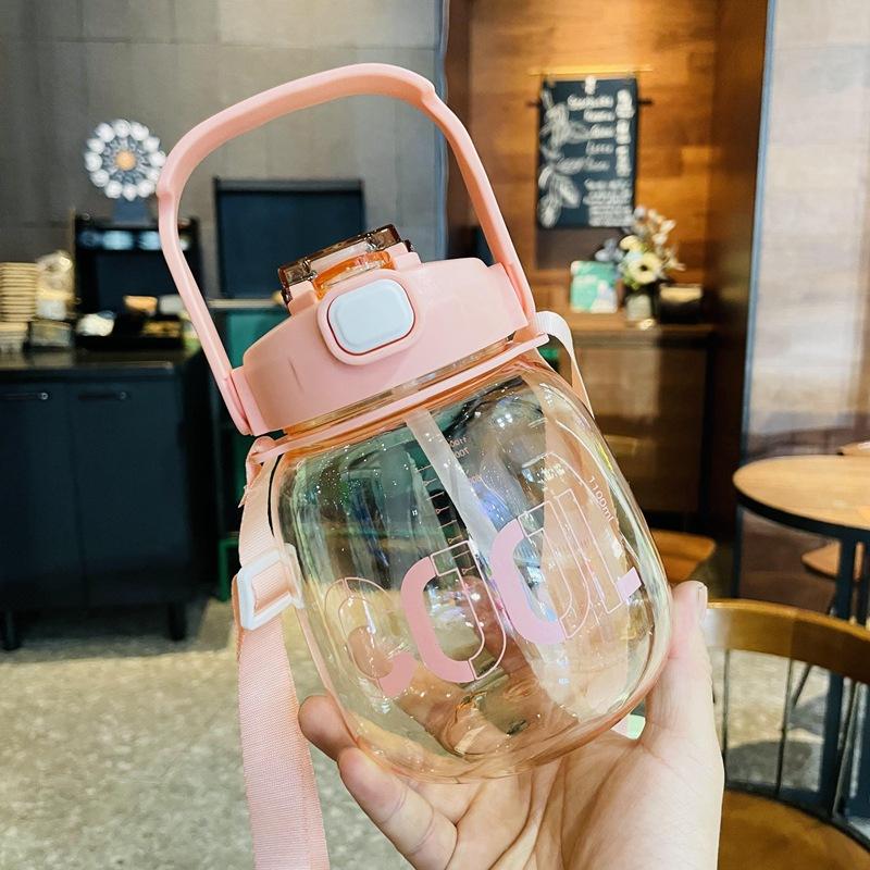 Doppelter Trinkbecher, 1100 ml, großer Bauchbecher, tragbarer Griffgurt, Plastikstrohbecher, großer Bauchwasserbecher