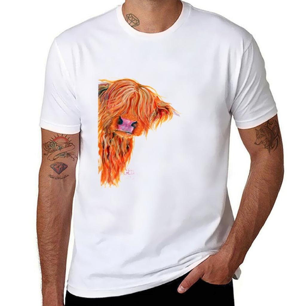 HIGHLAND COW 'PEEKABOO' BY SHIRLEY MACARTHUR T-Shirt Cotton T Shirts Man 100% Funny T Shirts Cotton T-Shirt