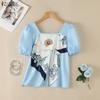 Women Square Collar Casual Floral Print Short Sleeve Blouse