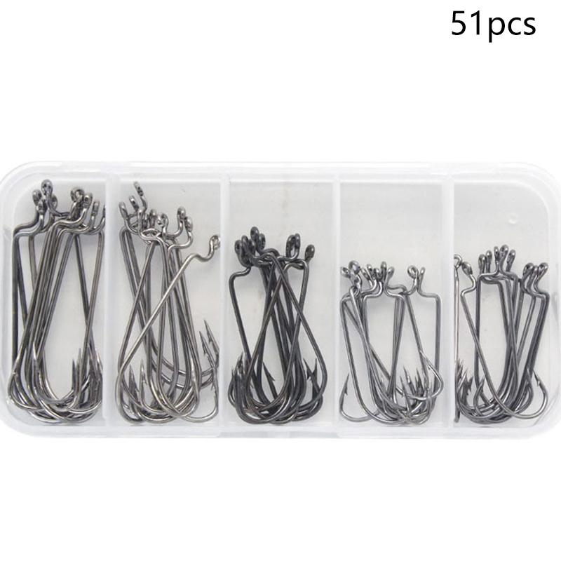51 Pieces/Box Crank Hook Black Nickel Red Nickel Wide Belly Crank Hook Deer Subsoft Bait Hook Set Plastic Set
