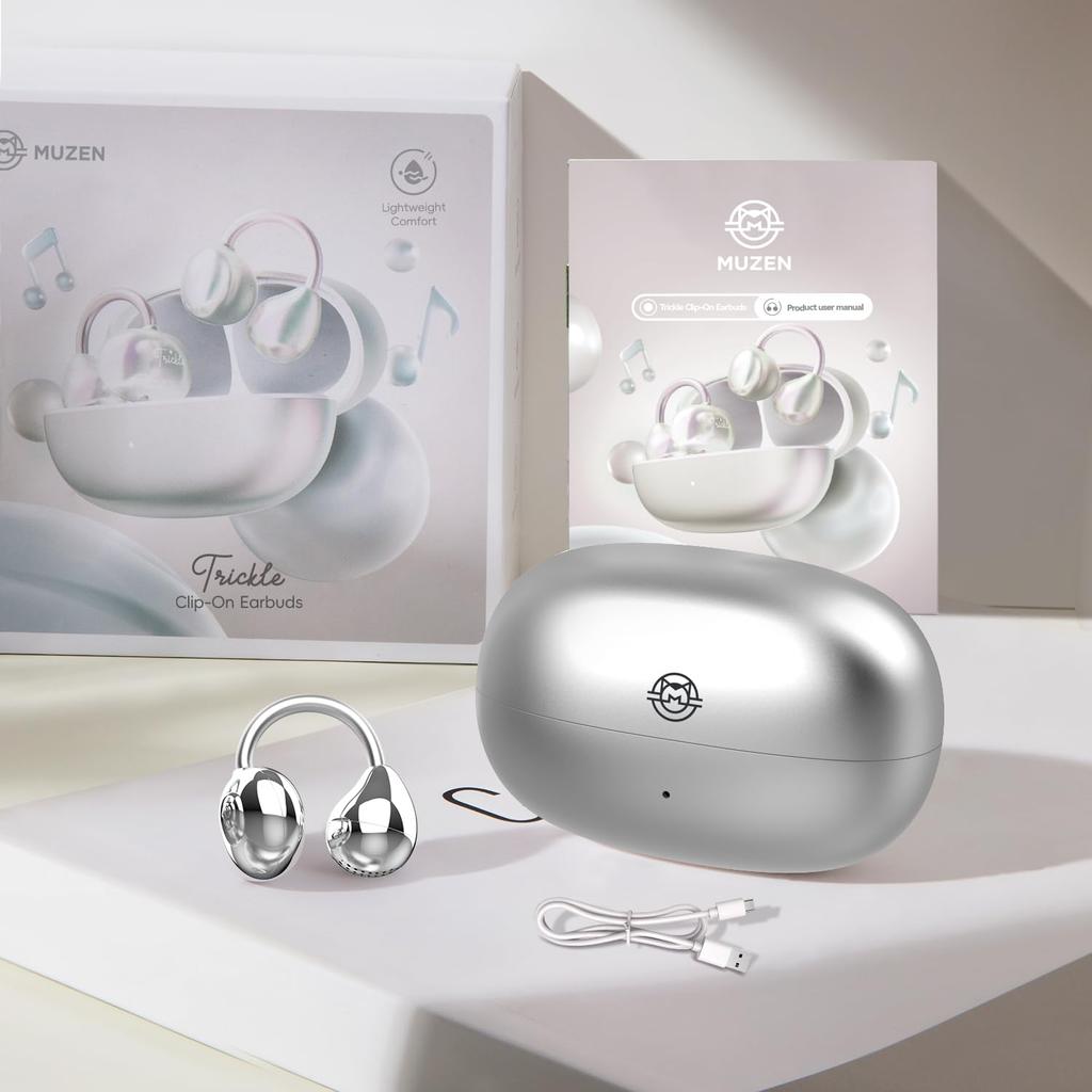 MUZEN Droplet Wireless Bluetooth Noise 38 Hours Fast Flexible Earbuds, 5.4, Cancelling, Hi-Fi Sound, Playtime, Charging, C-Bridge, (Silver)