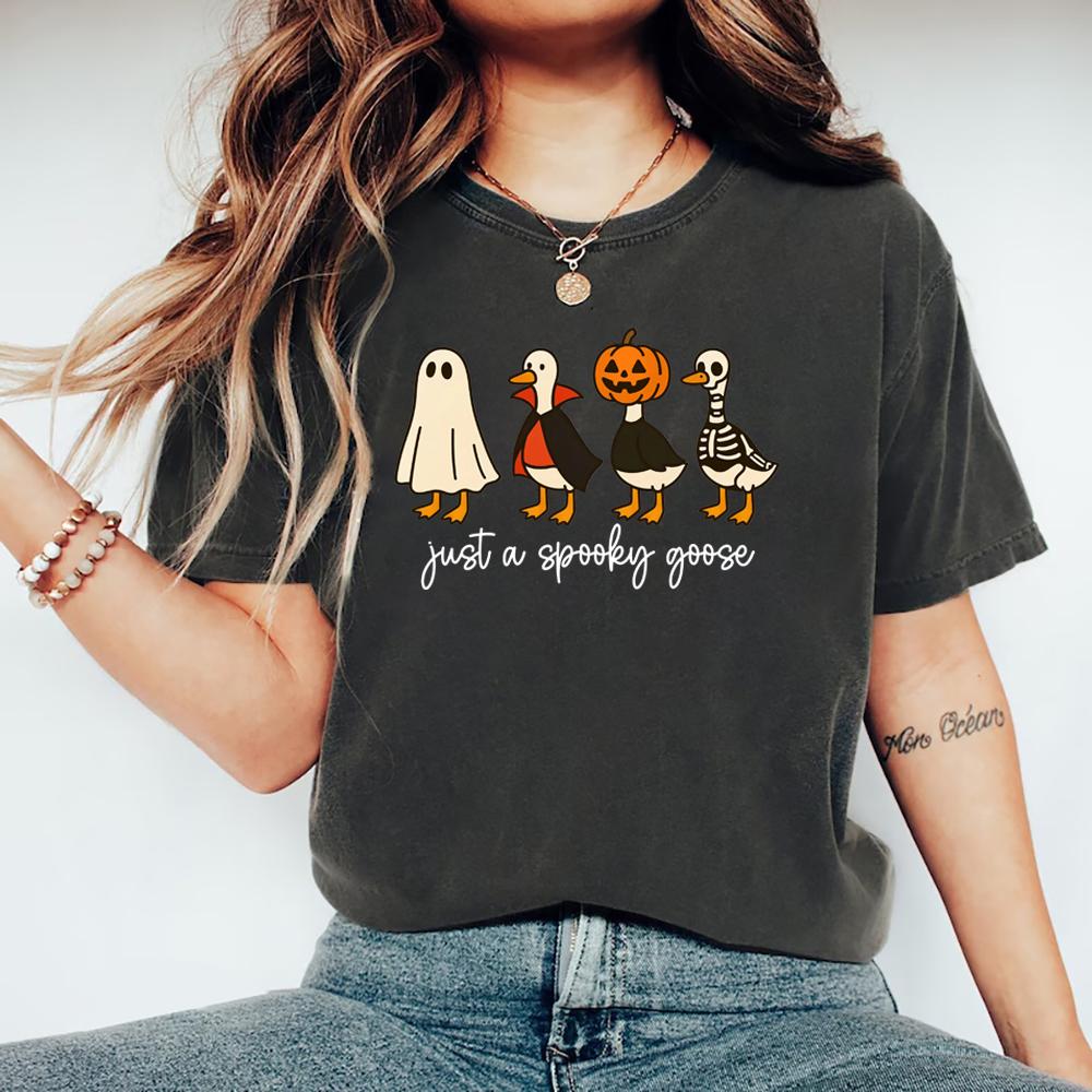 Just A Spooky Goose Tshirt Funny Halloween Goose T Shirt Unisex Women Short Sleeve Graphic Tees Cute Horror Tshirt Halloween Gift