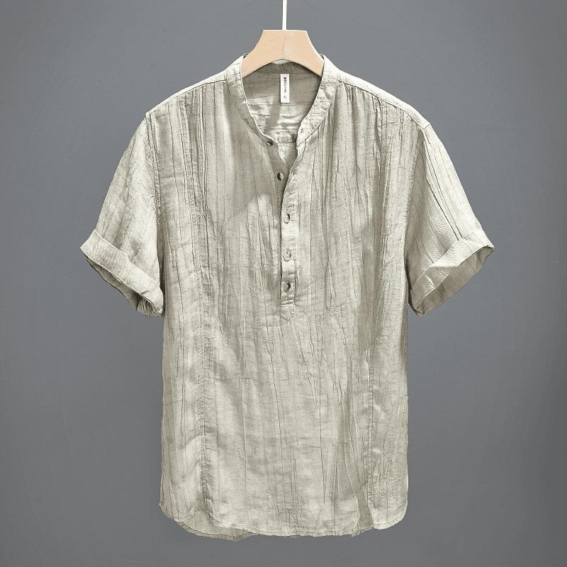 Men s Linen Blend Henley Shirt Short Sleeve Stand Collar Casual Top M