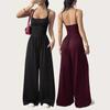Women's Crisscross Spaghetti Strap Square Neck Ruched High Waist Wide Leg Long Jumpsuit Casual Summer Romper