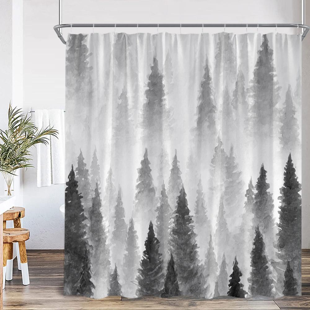 Misty Forest Shower Curtain Foggy Woodland Cloud Pine Tree Nature Nordic Bathroom Decor Modern Minimalist Bath Curtain with Hook