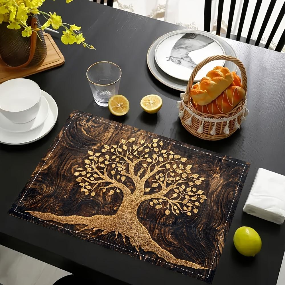 4pcs Artistic Linen Placemats 12x18 Inches - Elegant Golden Tree Design, Ideal for Kitchen & Dining Room Decor, Home Gatherings, and Party Settings,