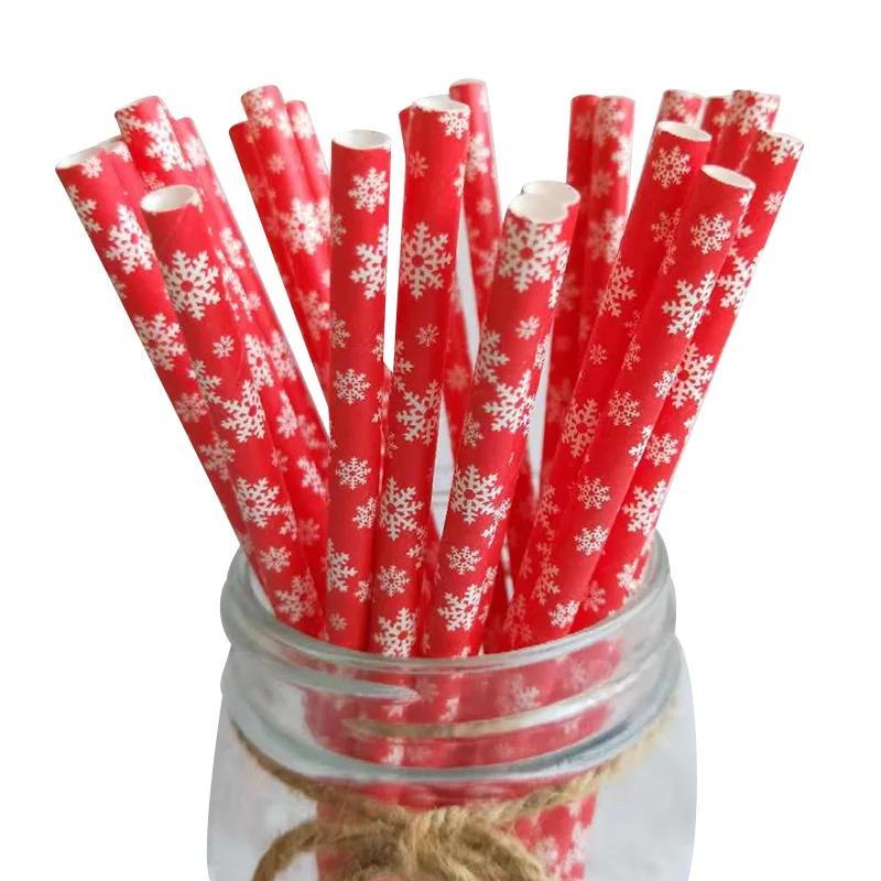 25-100Pcs Christmas Kraft Paper Straw Colorful Print Disposable Paper Drinking Straws Xmas New Year Party Home Decor Supplies
