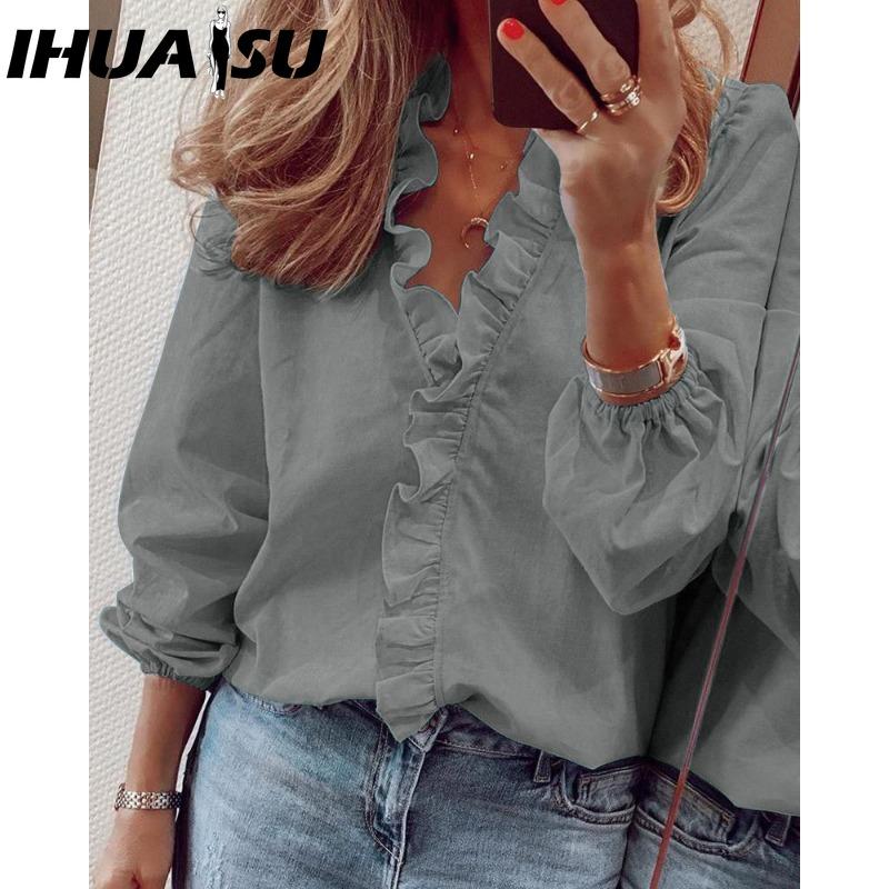 IHUASU Women's Fashion Casual Solid Color Print Long Sleeve V Neck Blouses & Shirts