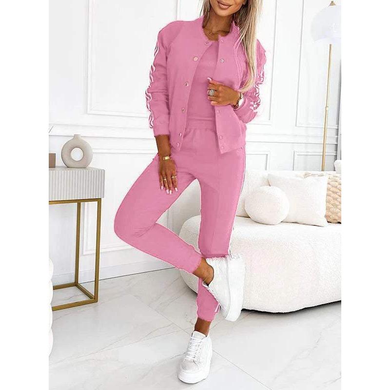 women's Striped Long Sleeve Bomber Jacket Cami Top Jogger Pants 3 Piece Tracksuit Outfit Set