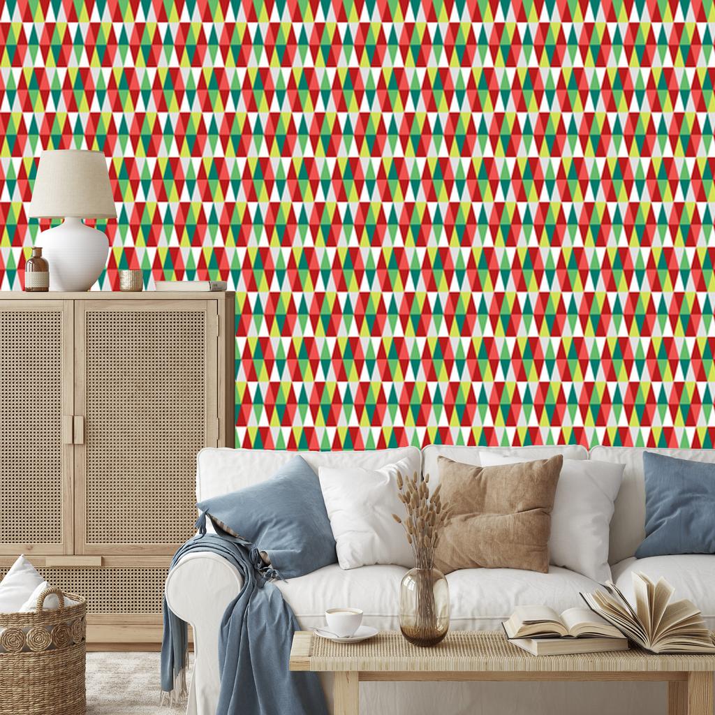 Red, coral and sea green triangle wallpaper for living room and bedroom 50x1000