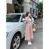 Summer Short-sleeved Pink Girl Dress Square Collar Side Drawstring Lace Waist Thin Gentle Medium and Long Dress