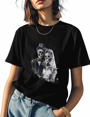 T Shirts for Women Graphic Tees Skull Couple Crew Neck Short Sleeve Shirts for Women Black White Wedding Casual T-Shirt
