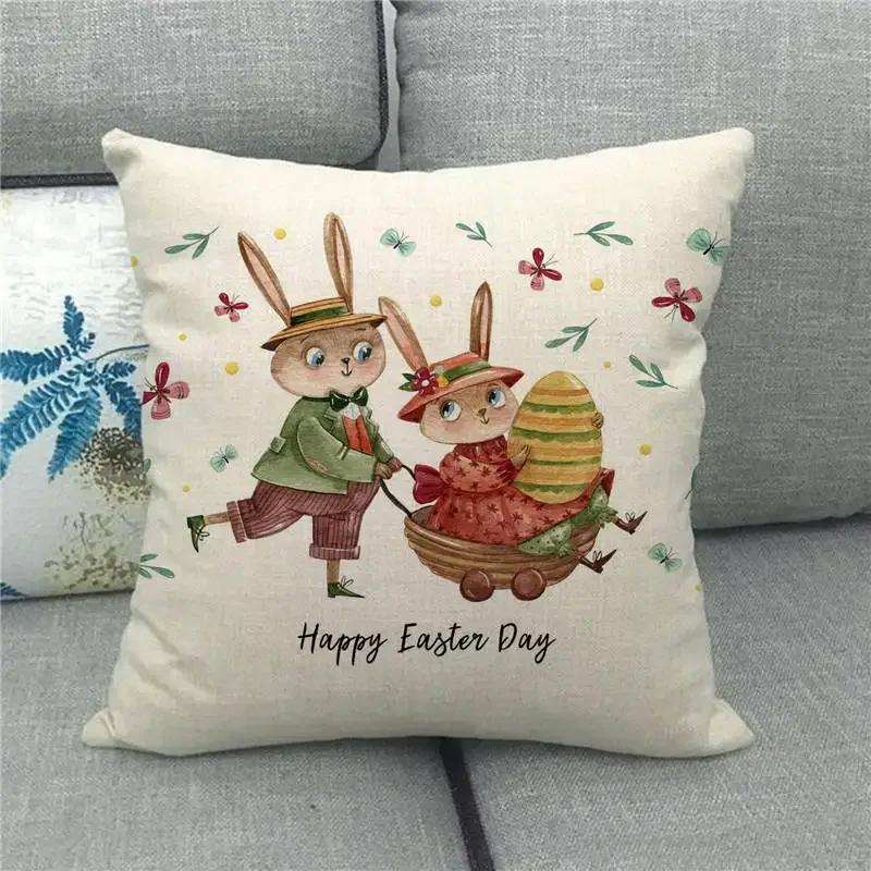 Easter Cushion Cover Cute Bunny Eggs Printed Pillow Covers 18x18 Inches Easter Decorations Hare Rabbit Flower Linen Pillowcase