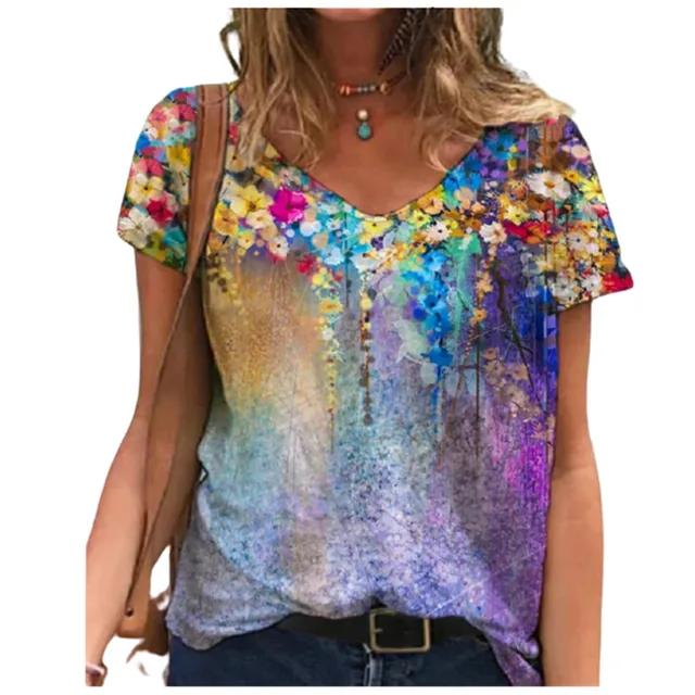 Sommer V-Ausschnitt Trendiges T-Shirt Y2K Damenmode Kurzarm Locker Bequemes Hemd Oberteile 3D-gedrucktes T-Shirt Kleidung