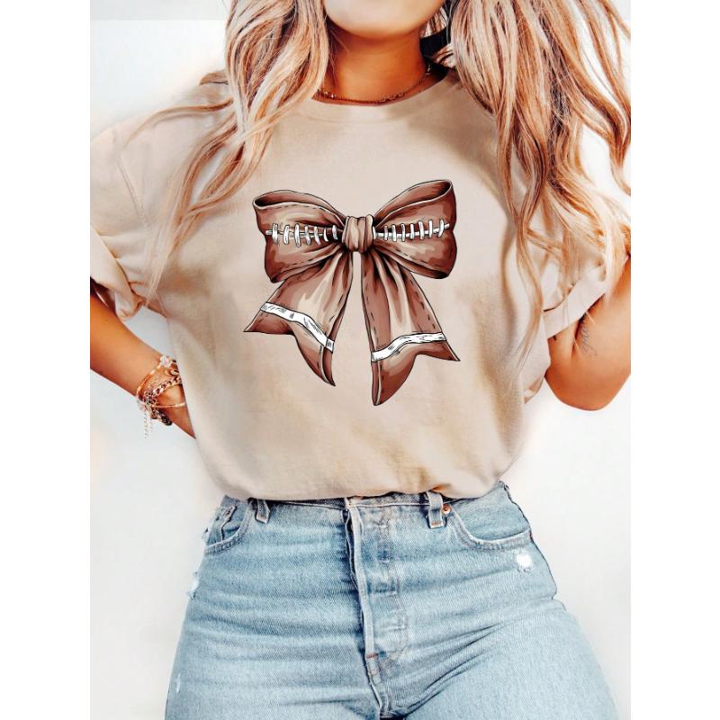 Women's Casual Round Neck Short Sleeve Olive Green Football Letter Print T-Shirt