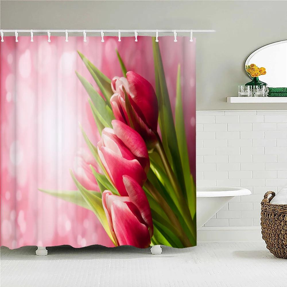 Tulip Rose Fresh Flowers Shower Curtains Waterproof Polyester Fabric 3D Printed Bathroom Screen Home Decoration Shower Curtain