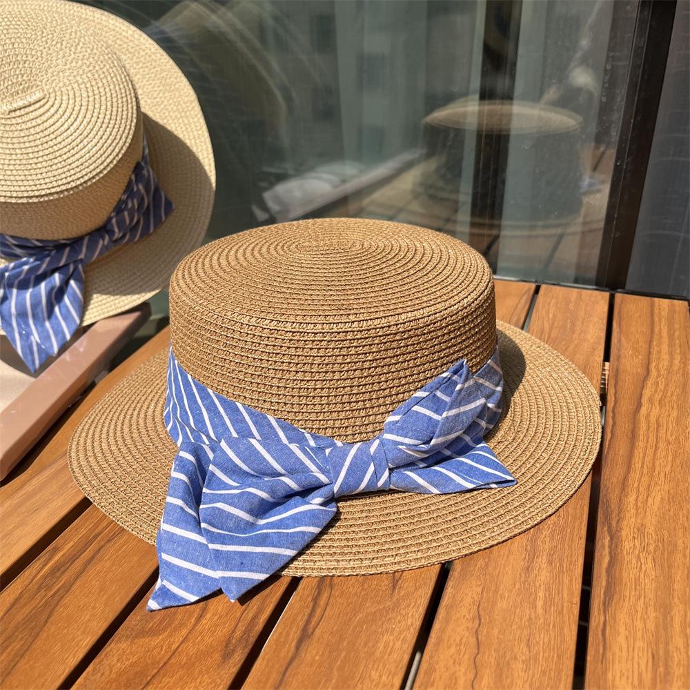 Straw hat woman summer British retro flat top small fresh top hat sunshade sunscreen beach hat travel tide summer