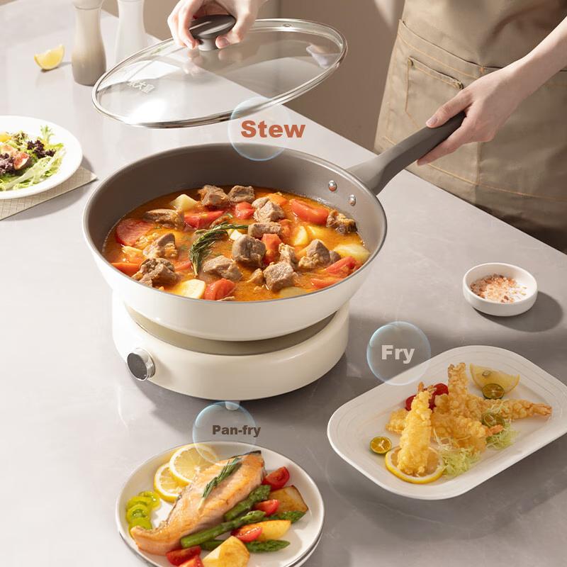 COOKER KING Non-Stick Wok, Easy to Clean, Low Smoke, Flat Bottom Frying Pan, 32cm, Compatible with Induction Cookers, Ceramic Crystal CJ32CG