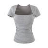 T-shirt da donna a maniche corte con scollo quadrato plissettato, nuova per l'estate, stile American Spice Girl, tinta unita, con tasca porta-coppette sul petto, top base a spalla