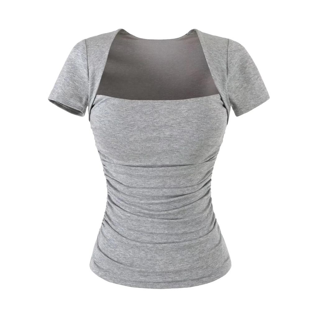 T-shirt da donna a maniche corte con scollo quadrato plissettato, nuova per l'estate, stile American Spice Girl, tinta unita, con tasca porta-coppette sul petto, top base a spalla