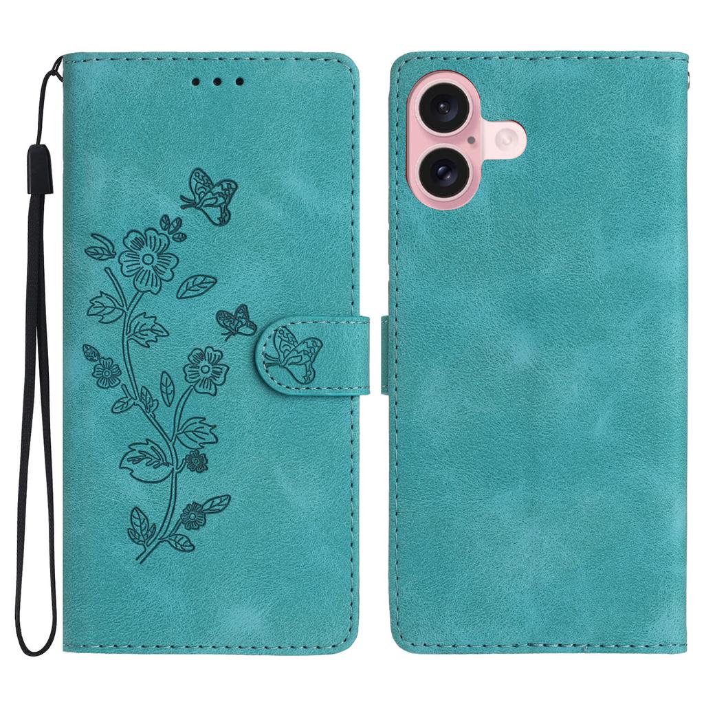 For iPhone 17 Case Leather Imprinted Flower Phone Cover Wallet with Wrist Strap