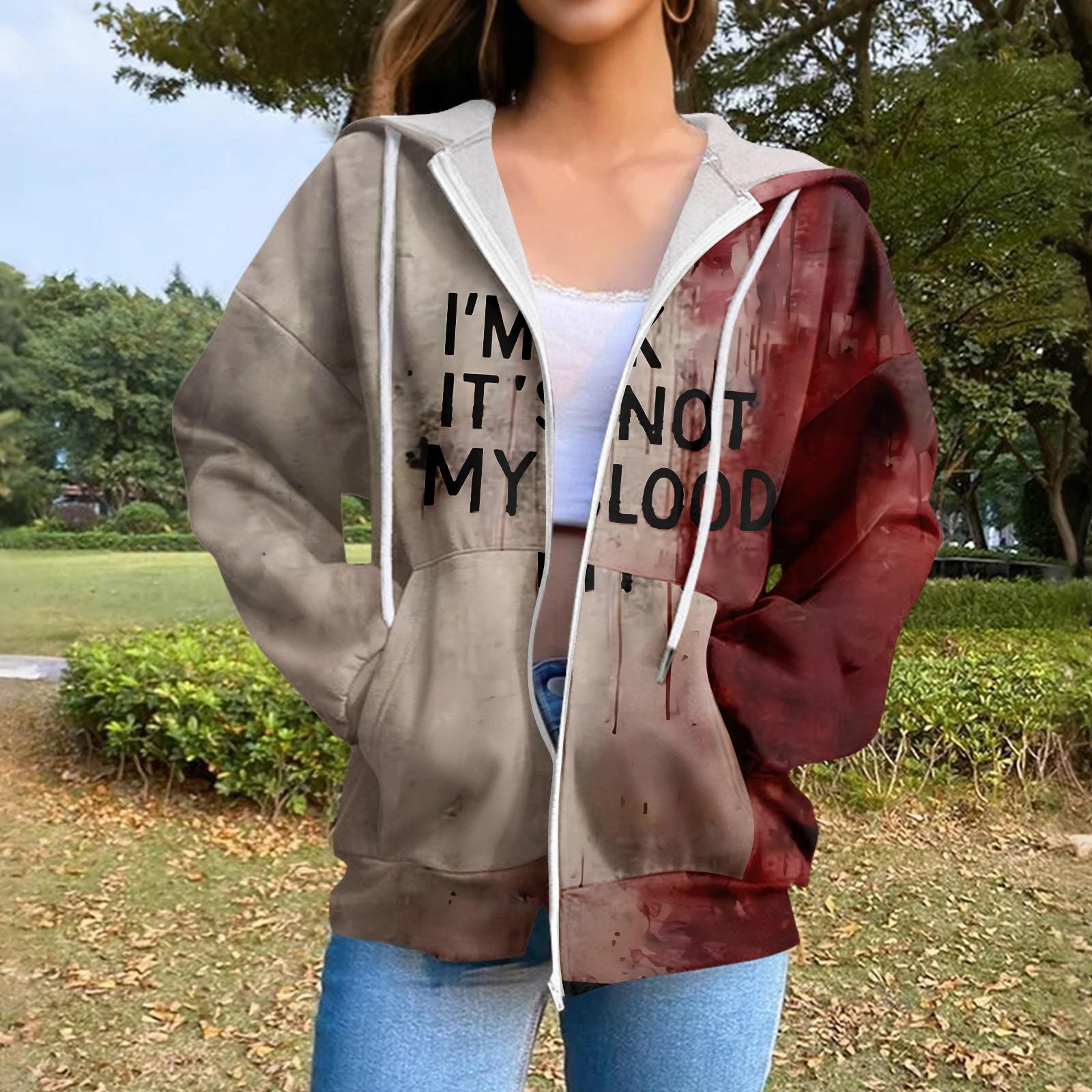 

Women s Casual Fashion Long Sleeve Zipper Printed Drawstring Hooded Sweatshirt XXL Кіновар