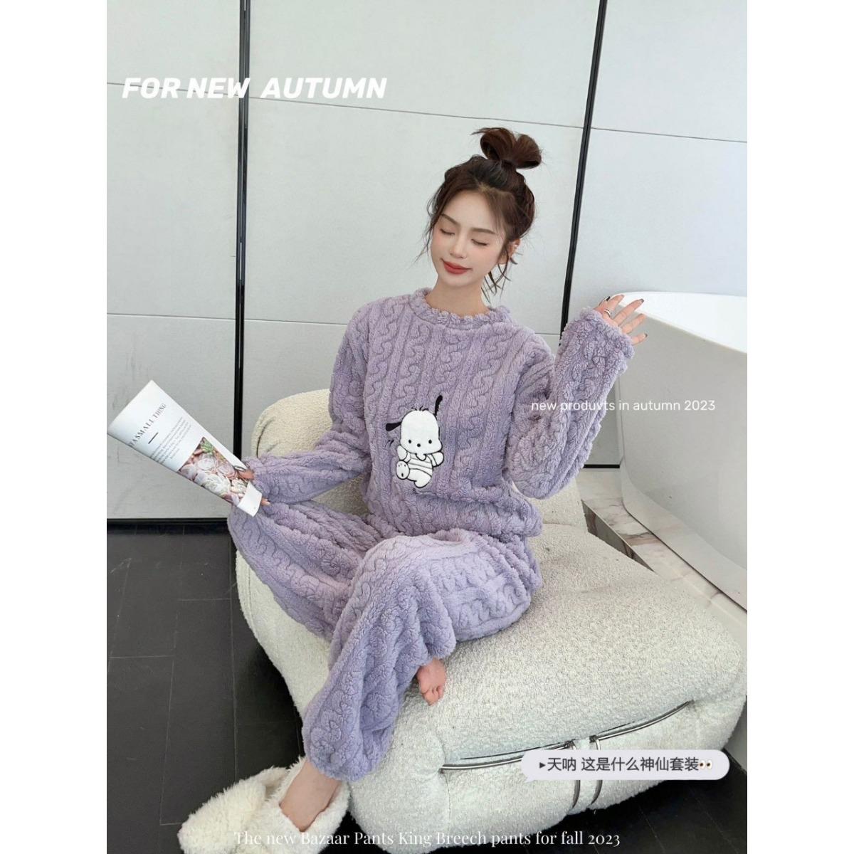 

Осенне-зимняя пижама из кораллового флиса для женщин, Толстая и теплая фланелевая длинная домашняя одежда, Модный кардиган большого размера one size